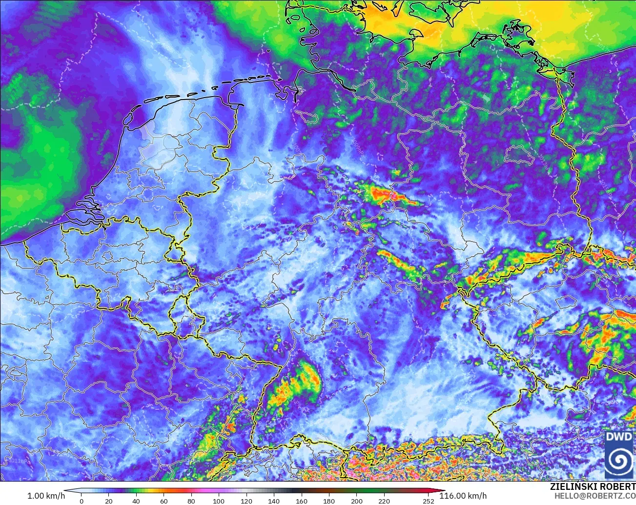 ICON Alemania 2 km modelo - Alemania, Ráfagas de Viento Máximas