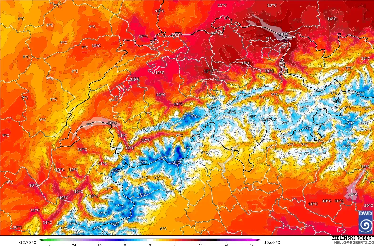 ICON Alemania 2 km modelo - Suiza, Anomalía de temperatura a 850 hPa