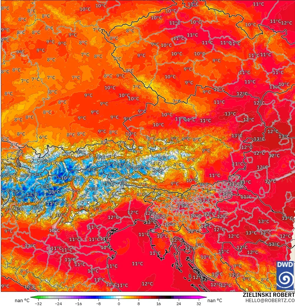 ICON Alemania 2 km modelo - Austria, Anomalía de temperatura a 850 hPa