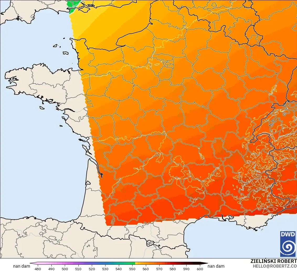 ICON Alemania 2 km modelo - Francia, Altura geopotencial a 500 hPa