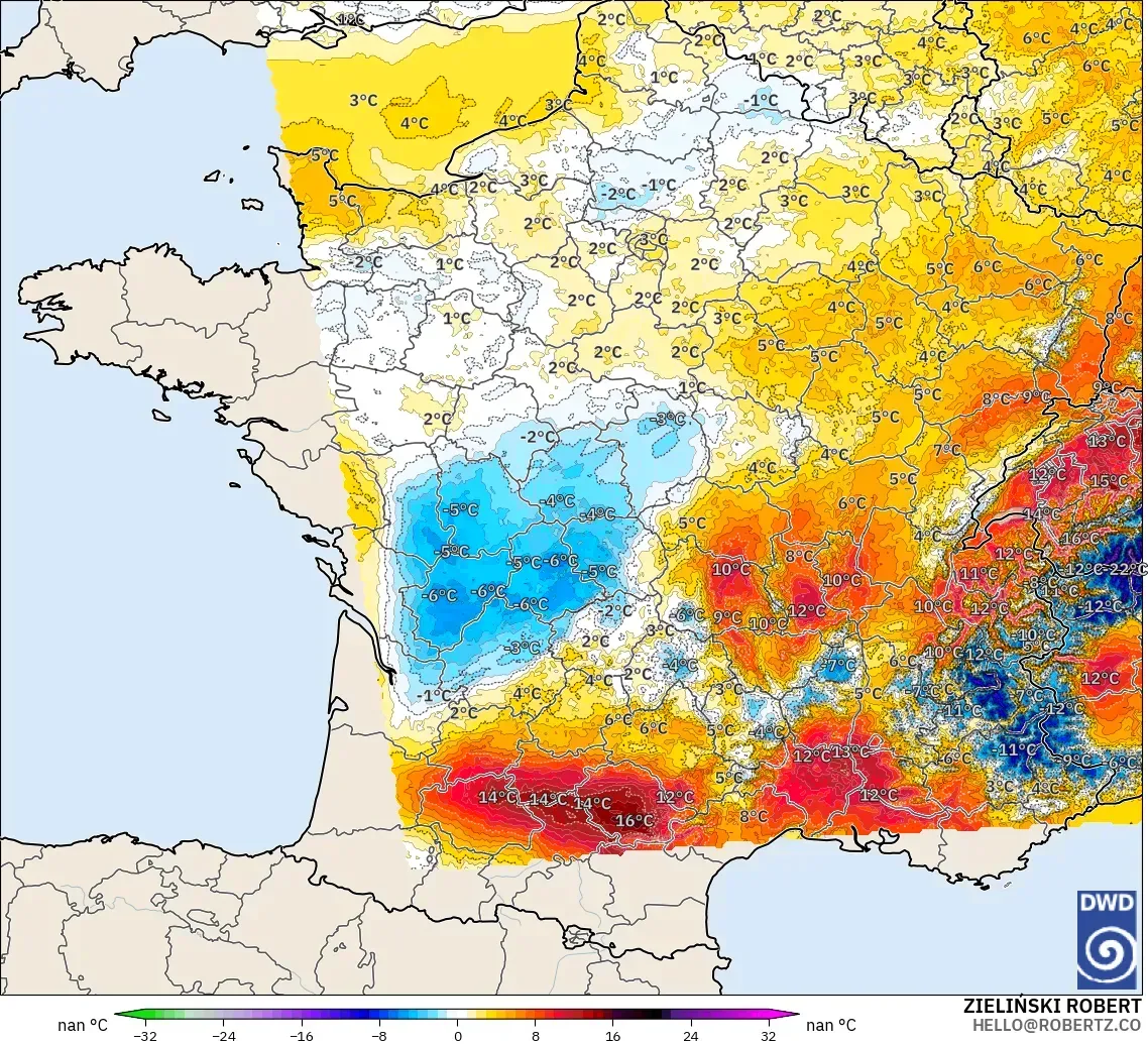 ICON Alemania 2 km modelo - Francia, Anomalía de temperatura a 2 m