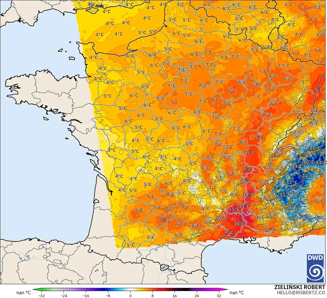 ICON Alemania 2 km modelo - Francia, Anomalía de temperatura a 850 hPa