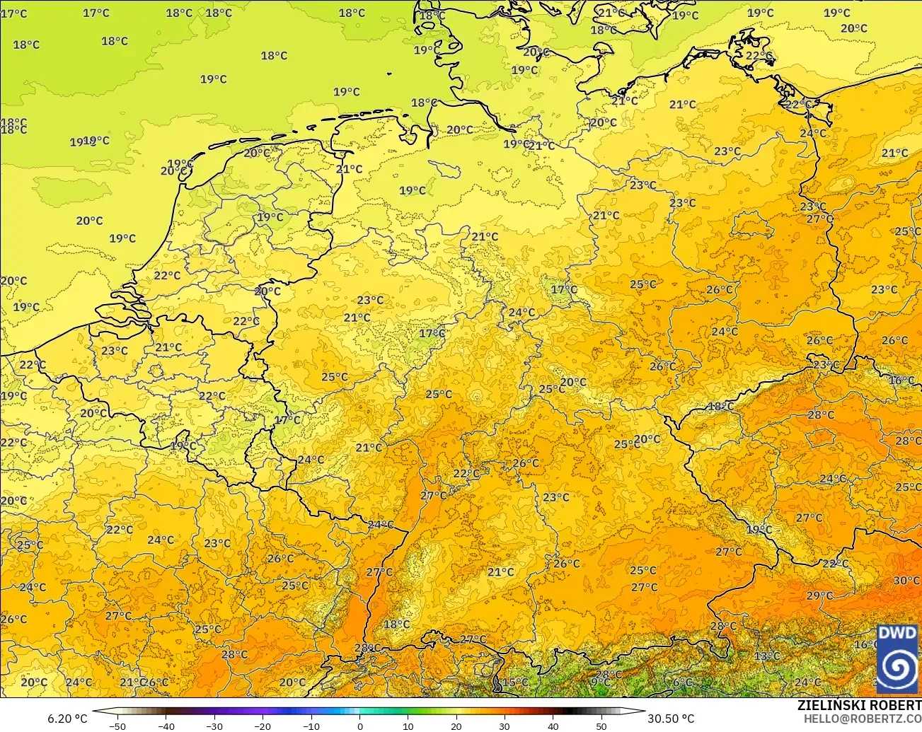 ICON Alemania 2 km modelo - Alemania, Temperatura a 2 m