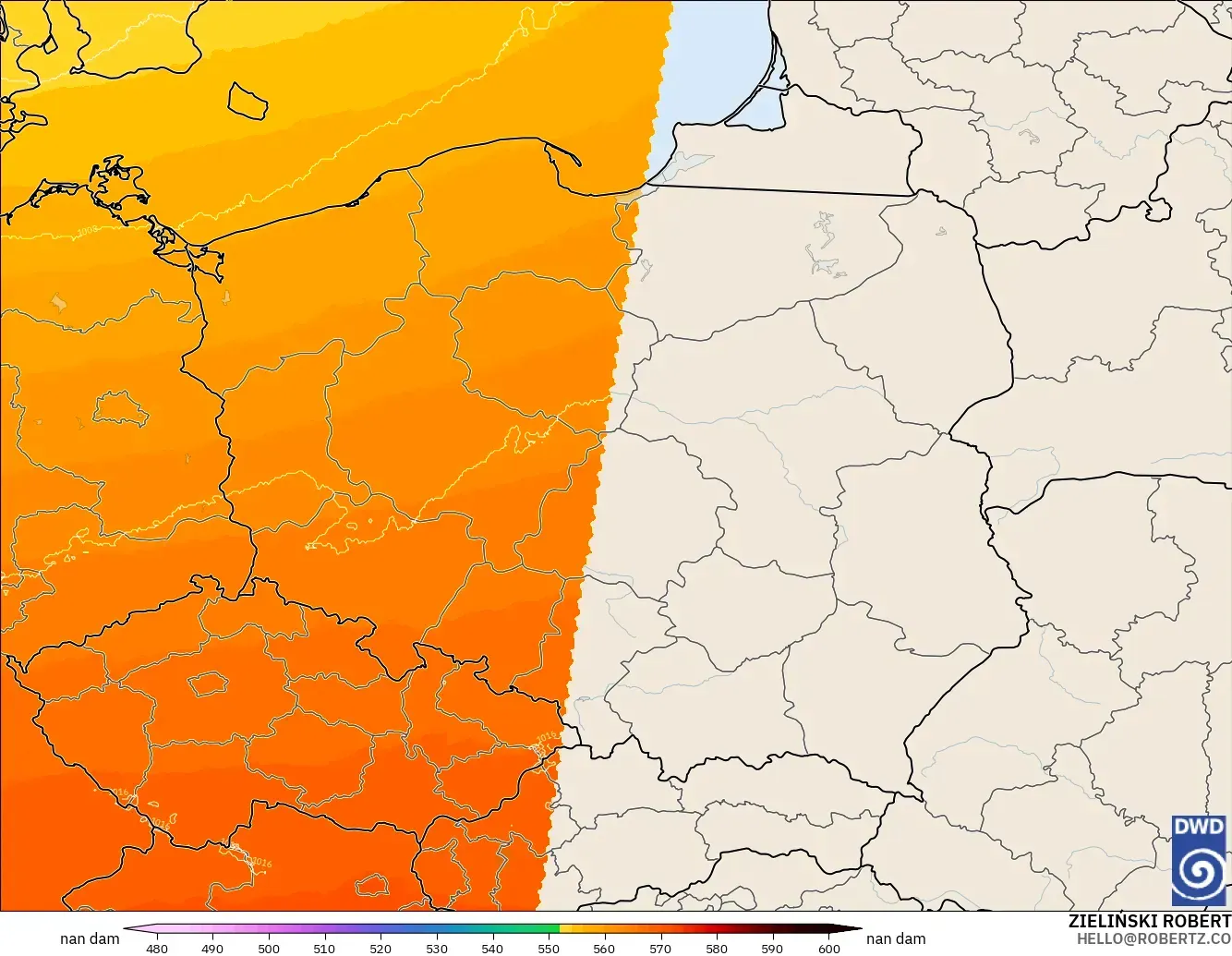 ICON Alemania 2 km modelo - Polonia, Altura geopotencial a 500 hPa