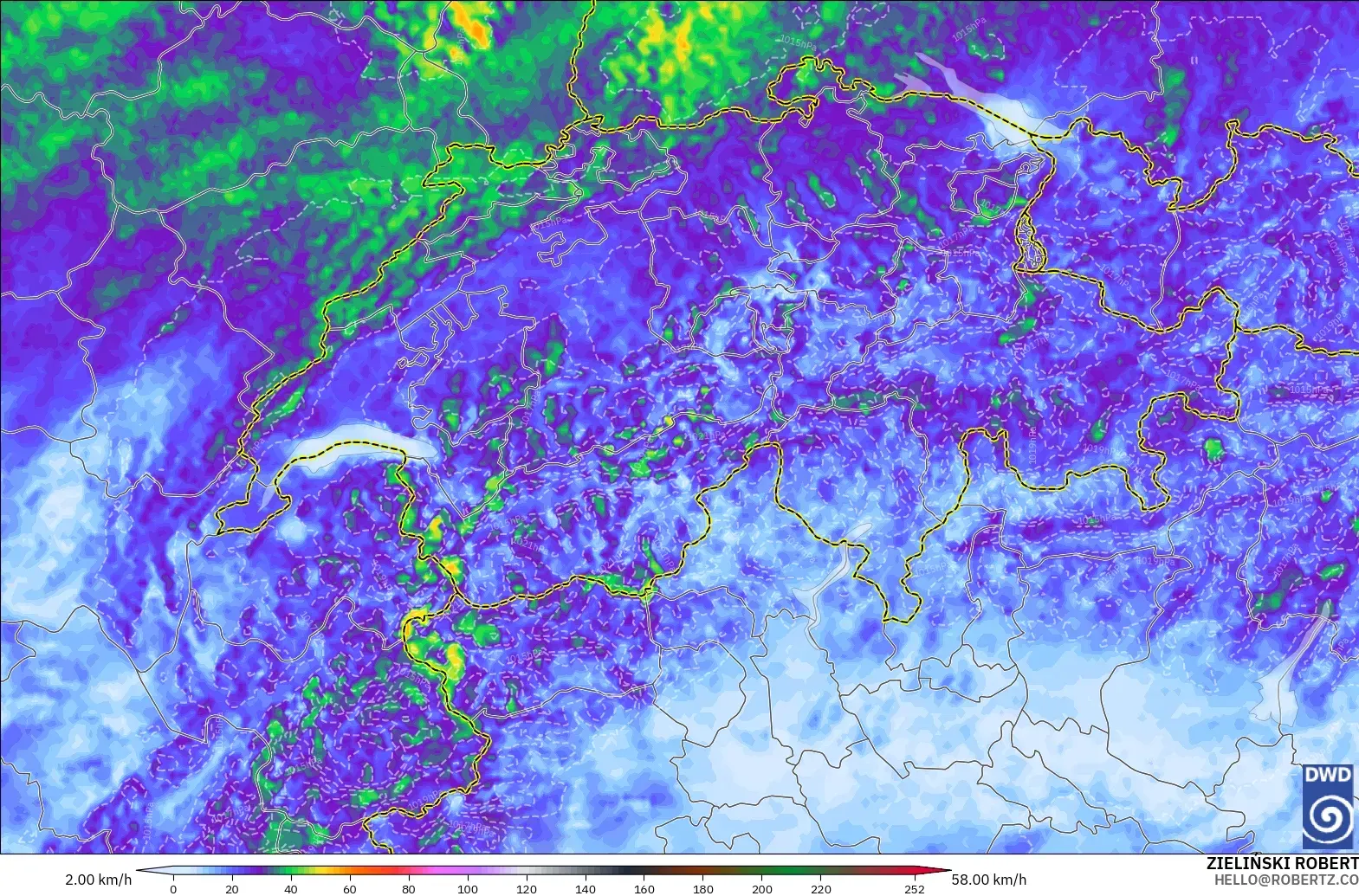 ICON Alemania 2 km modelo - Suiza, Ráfagas de Viento Máximas