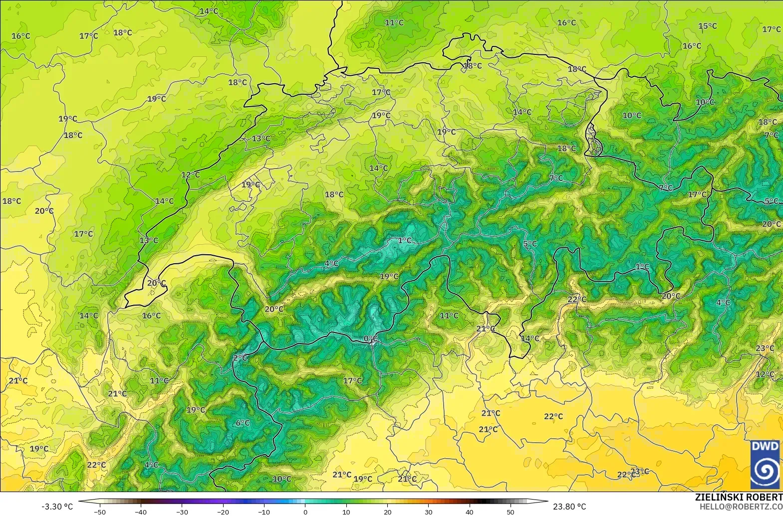 ICON Alemania 2 km modelo - Suiza, Temperatura a 850 hPa