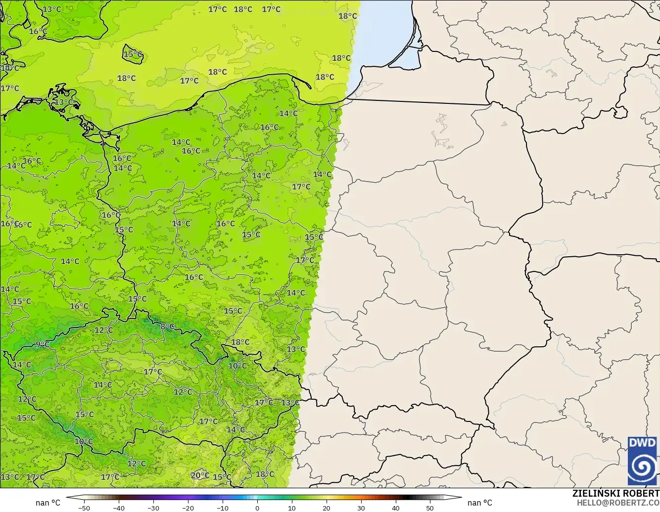 ICON Alemania 2 km modelo - Polonia, Temperatura a 2 m