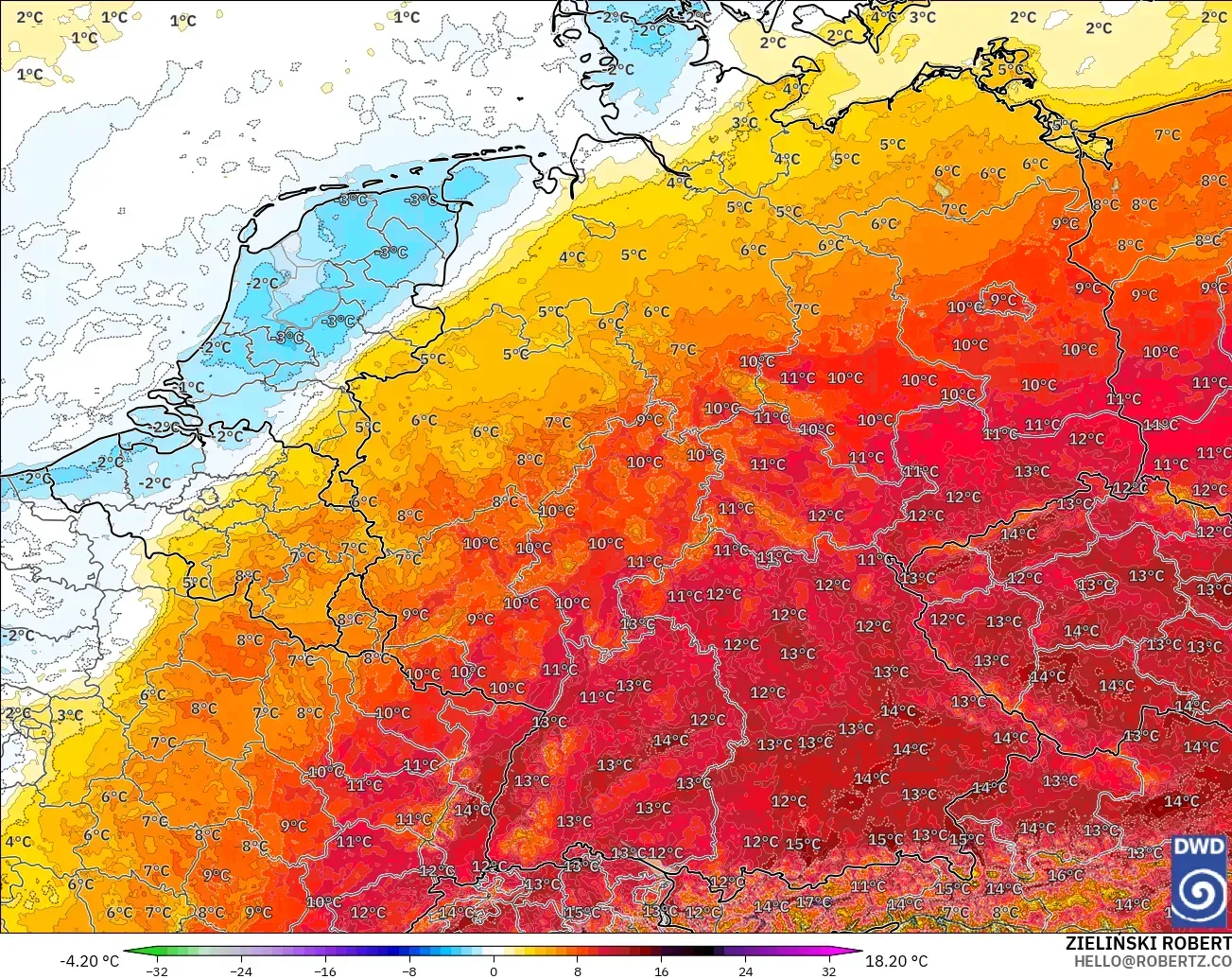 ICON Alemania 2 km modelo - Alemania, Anomalía de temperatura a 2 m