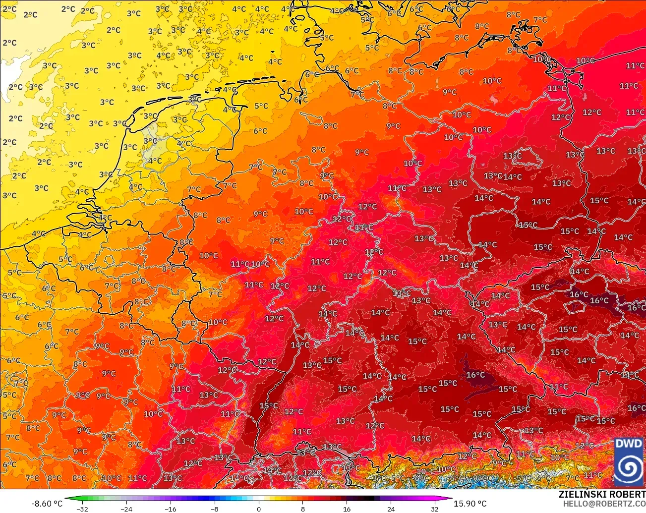 ICON Alemania 2 km modelo - Alemania, Anomalía de temperatura a 850 hPa
