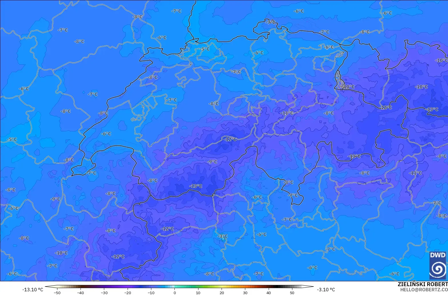 ICON Alemania 2 km modelo - Suiza, Temperatura a 500 hPa