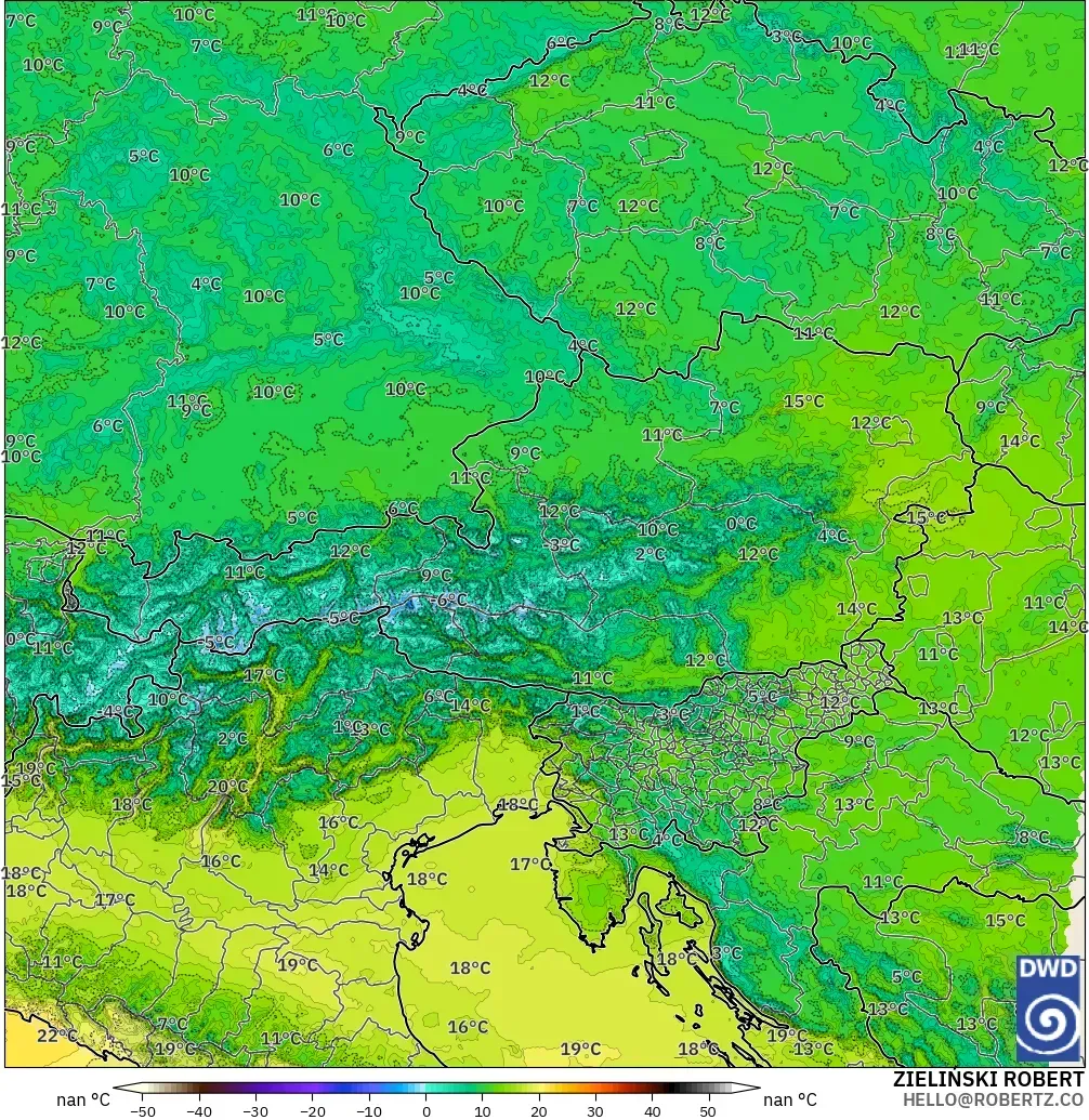 ICON Alemania 2 km modelo - Austria, Temperatura a 2 m