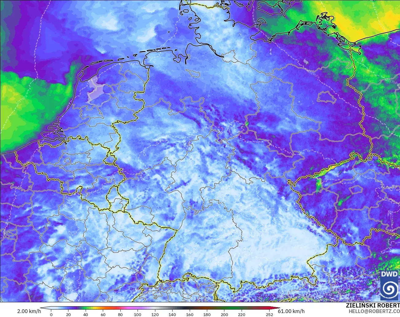 ICON Alemania 2 km modelo - Alemania, Ráfagas de Viento Máximas