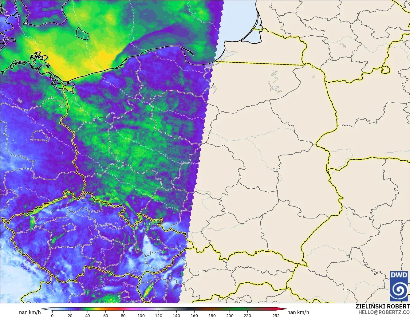 ICON Alemania 2 km modelo - Polonia, Ráfagas de viento