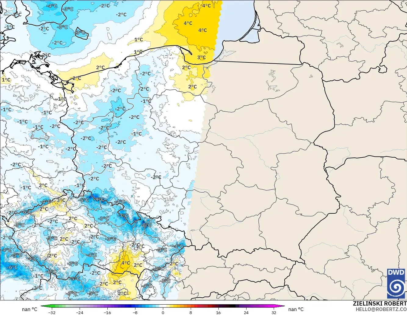 ICON Alemania 2 km modelo - Polonia, Anomalía de temperatura a 2 m