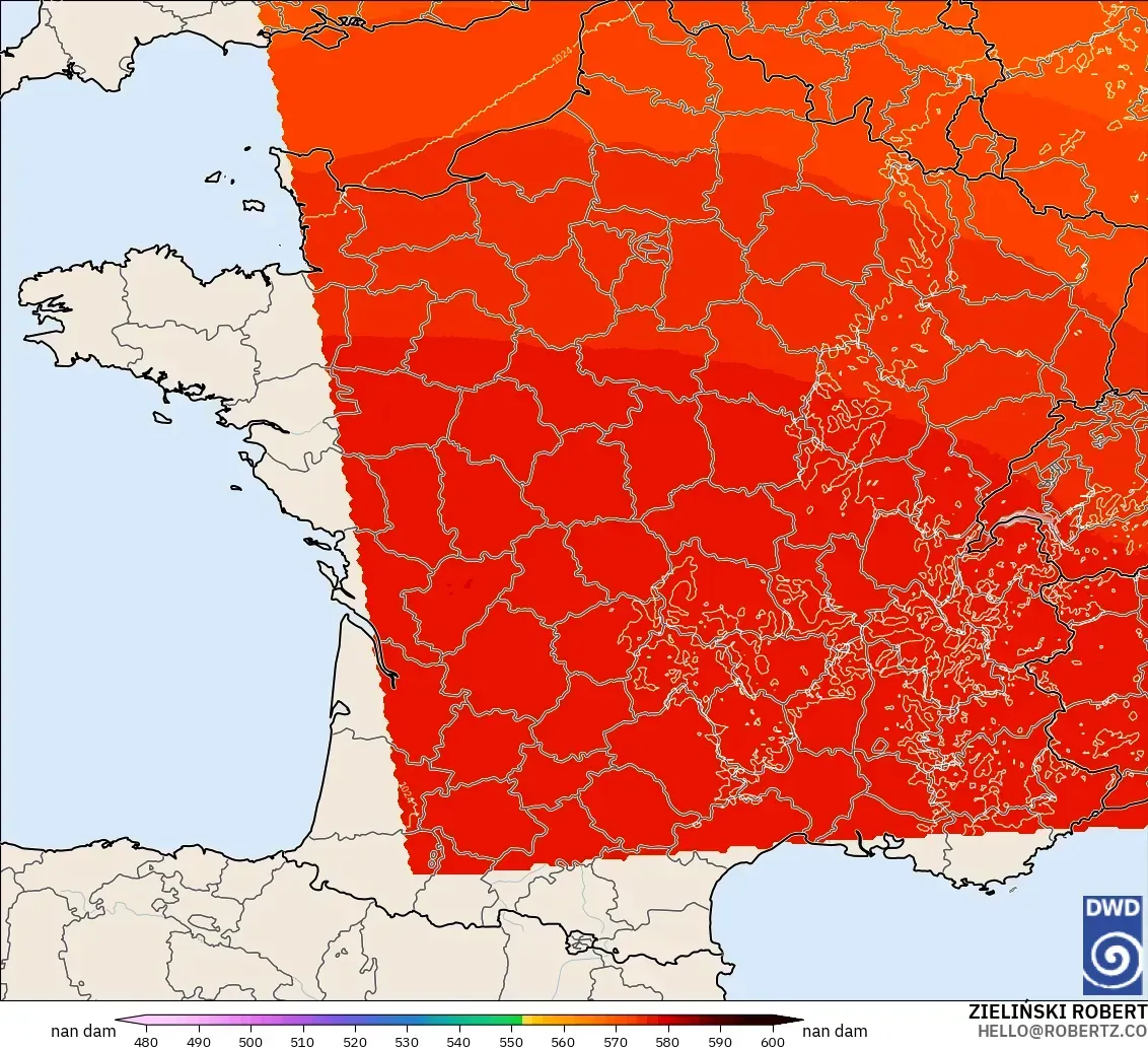 ICON Alemania 2 km modelo - Francia, Altura geopotencial a 500 hPa
