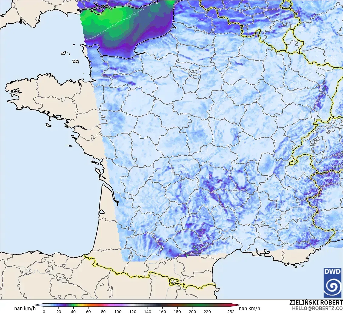 ICON Alemania 2 km modelo - Francia, Ráfagas de viento