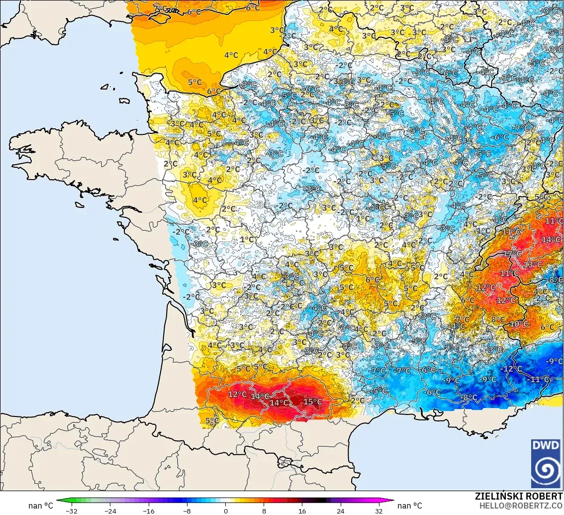 ICON Alemania 2 km modelo - Francia, Anomalía de temperatura a 2 m