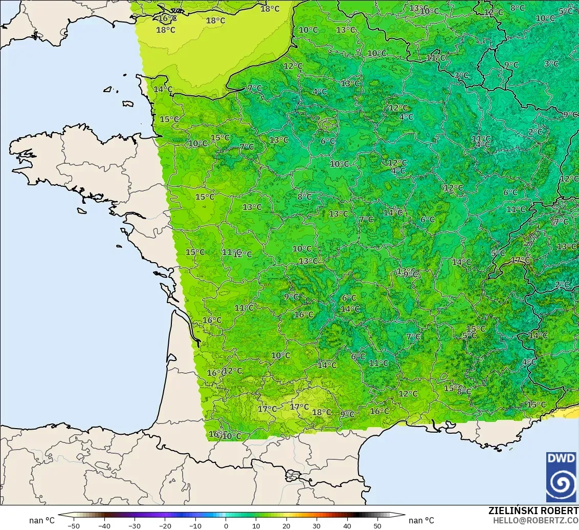 ICON Alemania 2 km modelo - Francia, Temperatura a 2 m