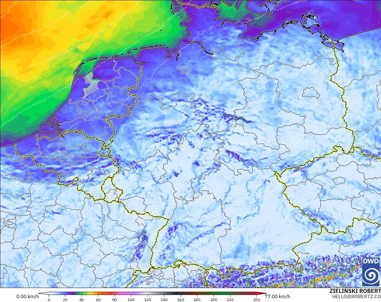 ICON Alemania 2 km modelo - Alemania, Ráfagas de viento