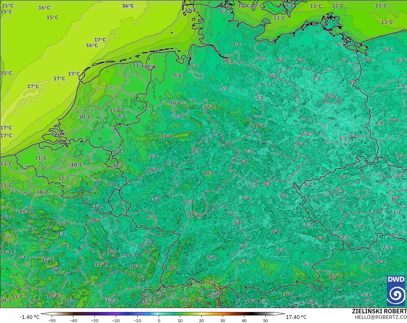 ICON Alemania 2 km modelo - Alemania, Temperatura a 2 m