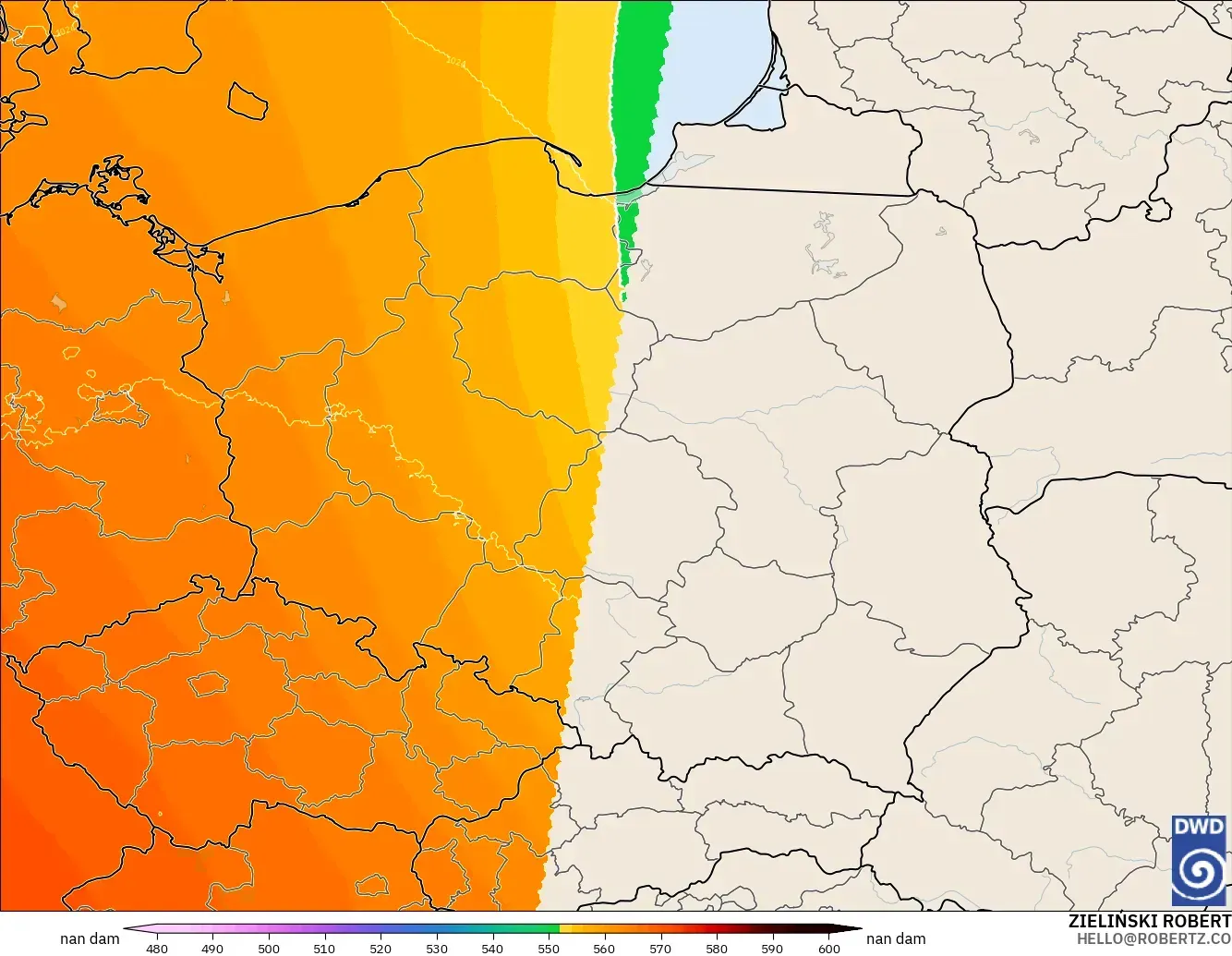 ICON Alemania 2 km modelo - Polonia, Altura geopotencial a 500 hPa