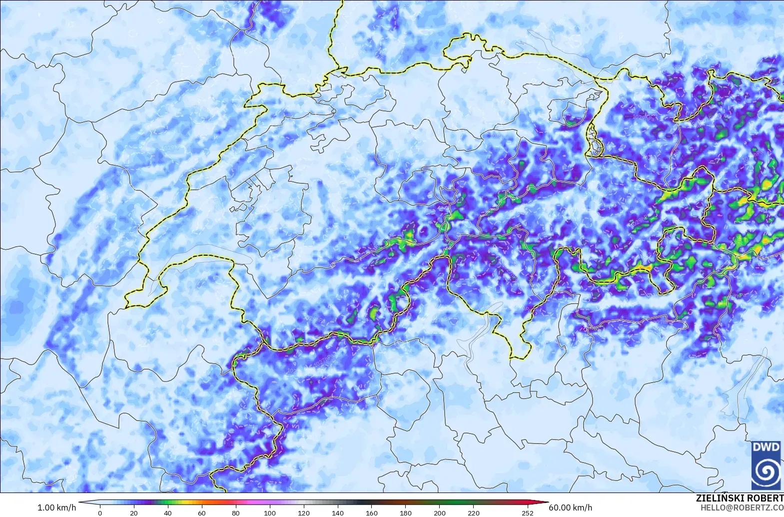 ICON Alemania 2 km modelo - Suiza, Ráfagas de Viento Máximas