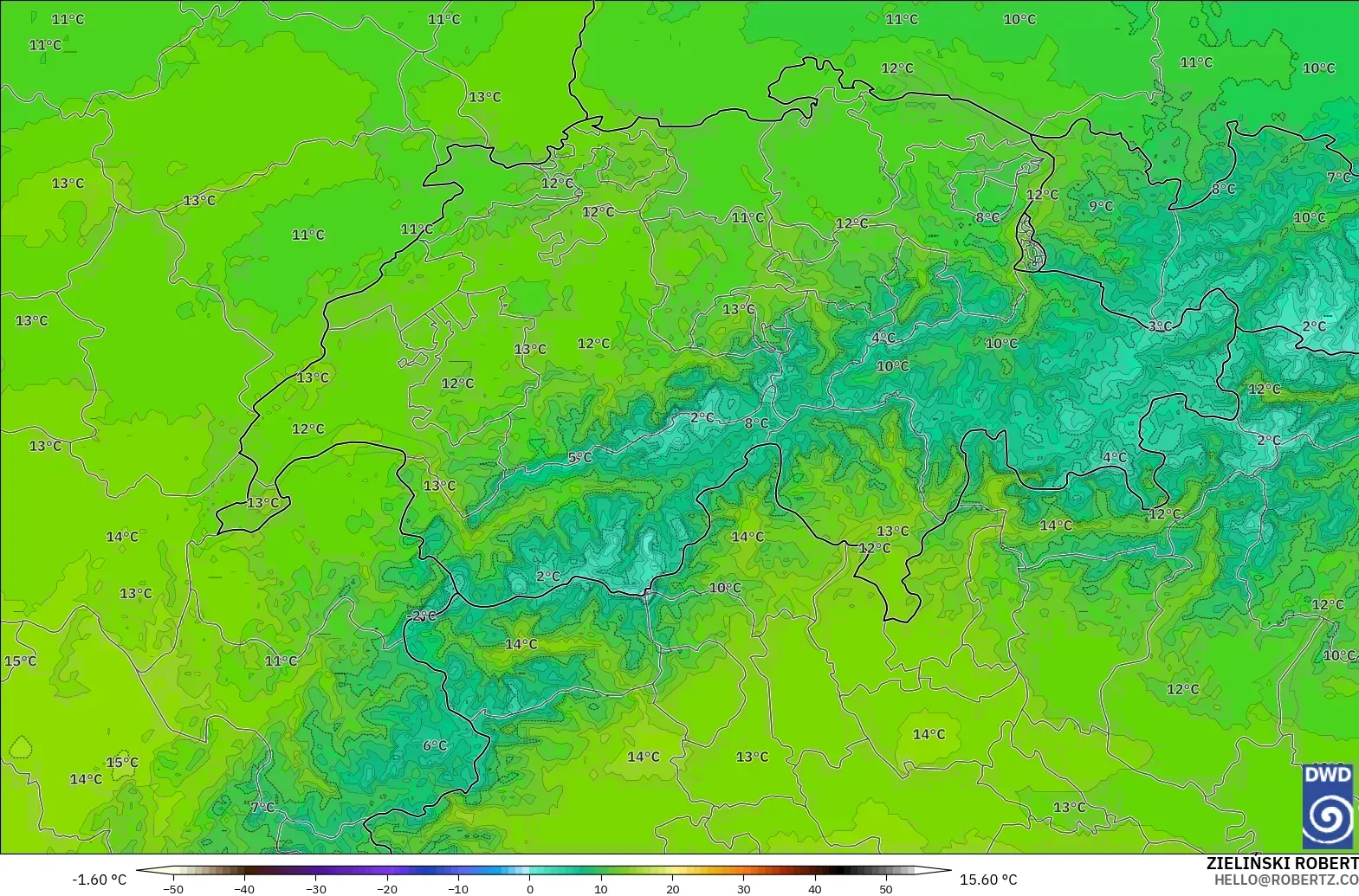 ICON Alemania 2 km modelo - Suiza, Temperatura a 850 hPa