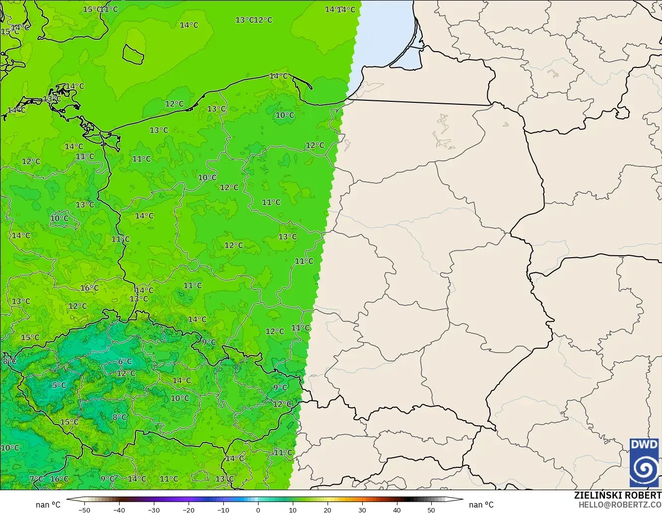 ICON Alemania 2 km modelo - Polonia, Temperatura a 2 m