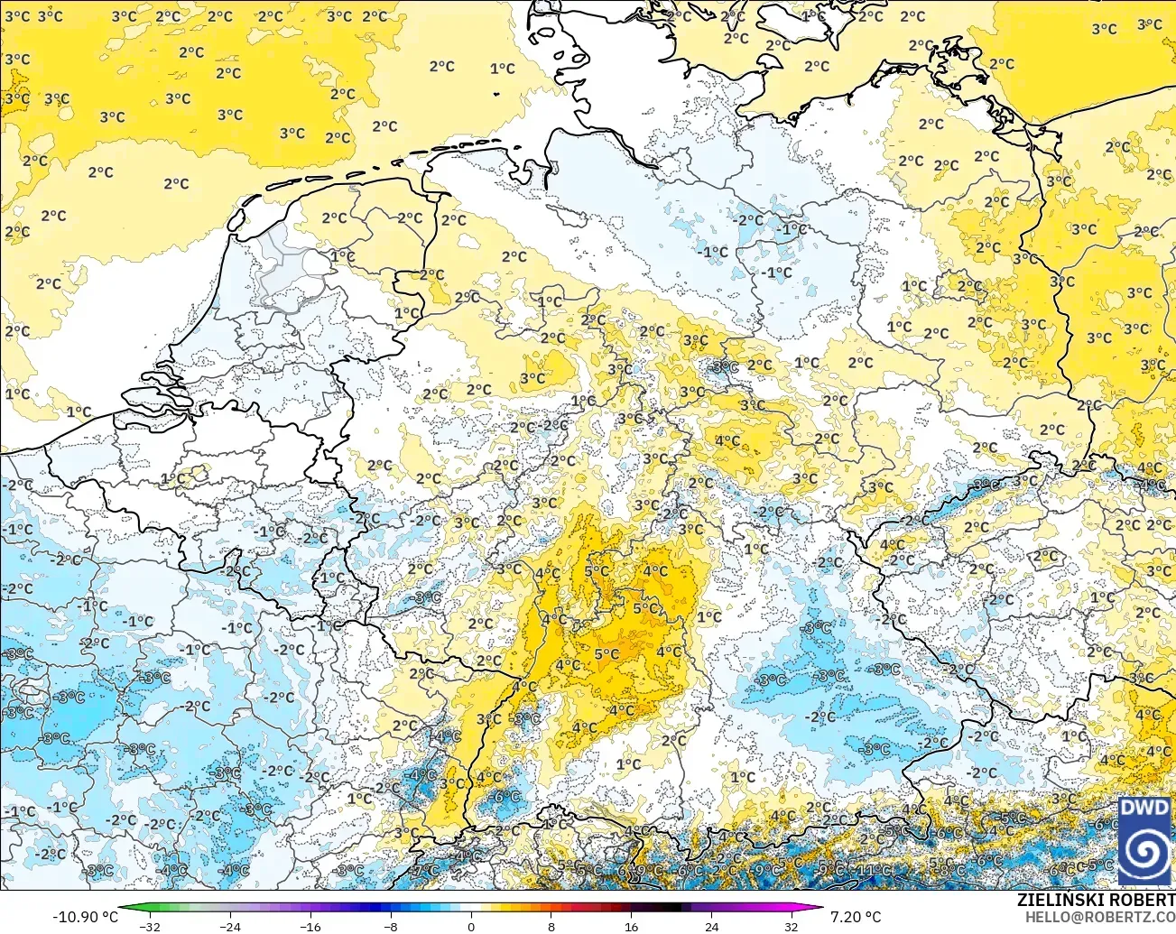 ICON Alemania 2 km modelo - Alemania, Anomalía de temperatura a 2 m