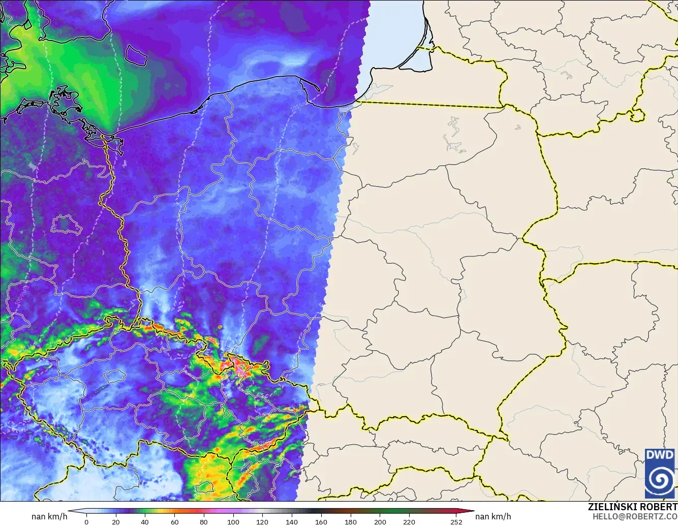 ICON Alemania 2 km modelo - Polonia, Ráfagas de Viento Máximas