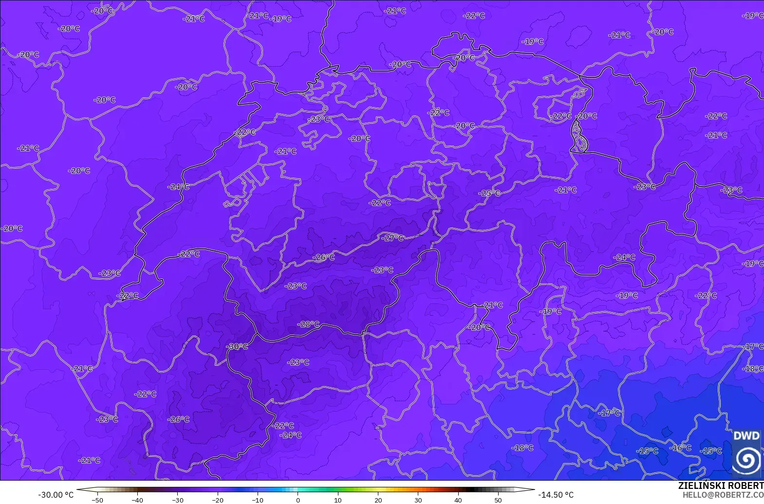 ICON Alemania 2 km modelo - Suiza, Temperatura a 500 hPa
