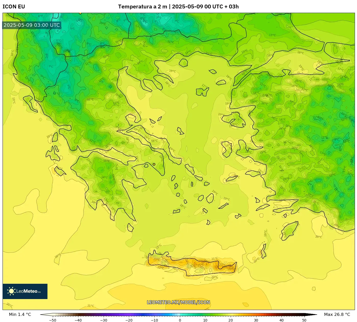 ICON - Grecia, Temperatura a 2 m ICON - Grecia, Temperatura a 2 m