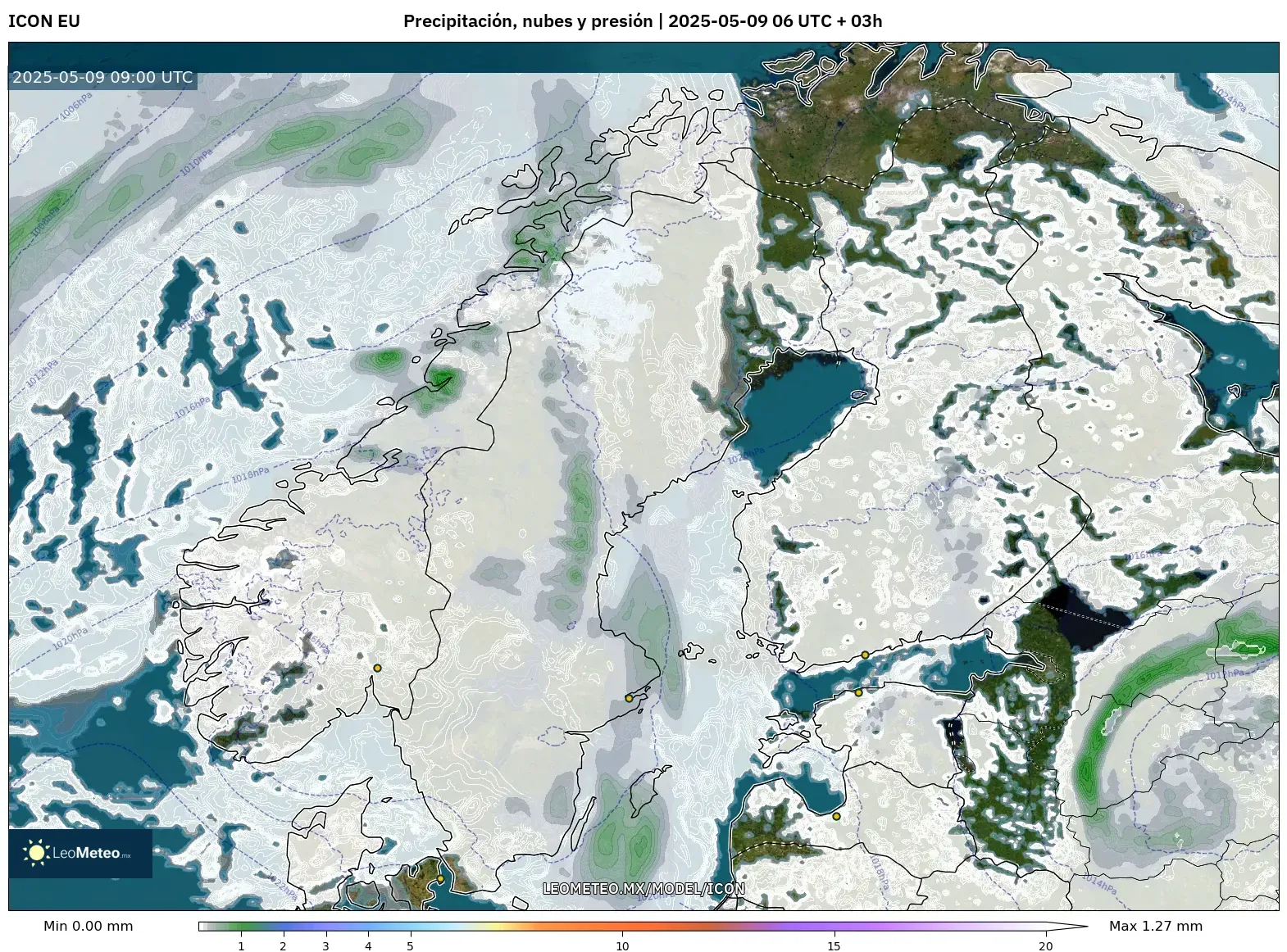 ICON - Escandinavia, Precipitación, nubes y presión ICON - Escandinavia, Precipitación, nubes y presión