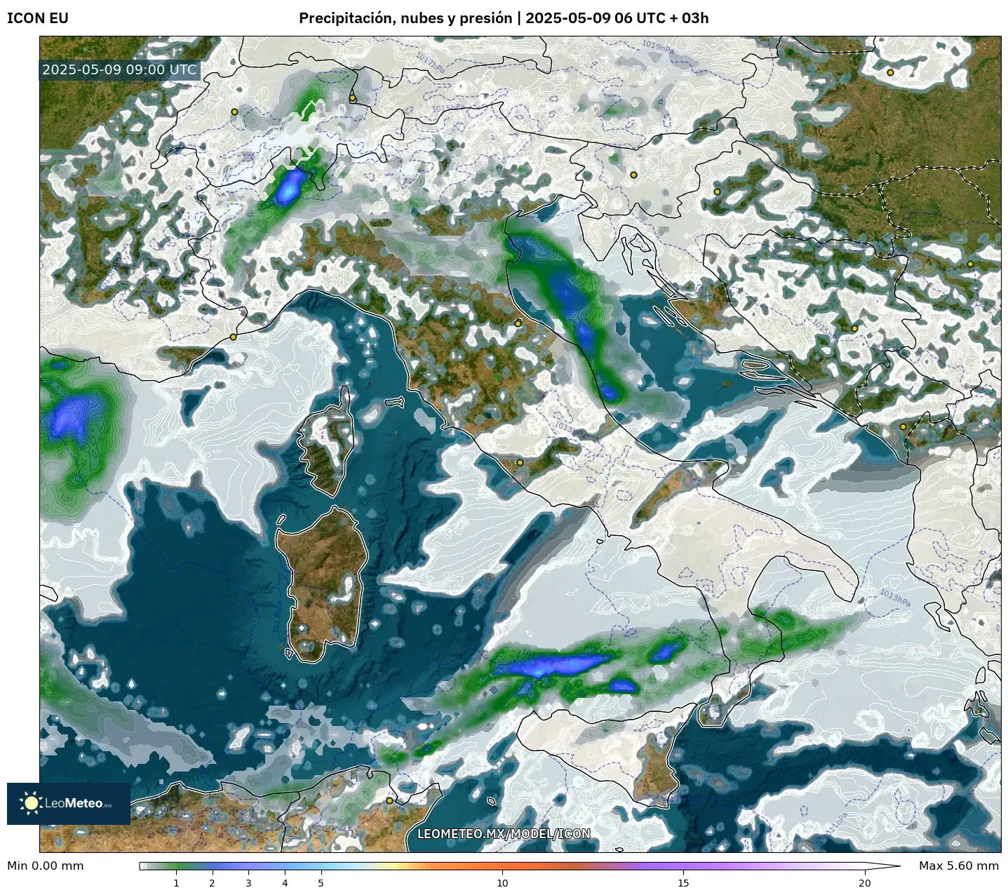 ICON - Italia, Precipitación, nubes y presión ICON - Italia, Precipitación, nubes y presión