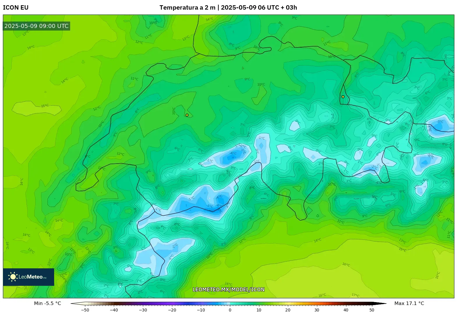 ICON - Suiza, Temperatura a 2 m ICON - Suiza, Temperatura a 2 m