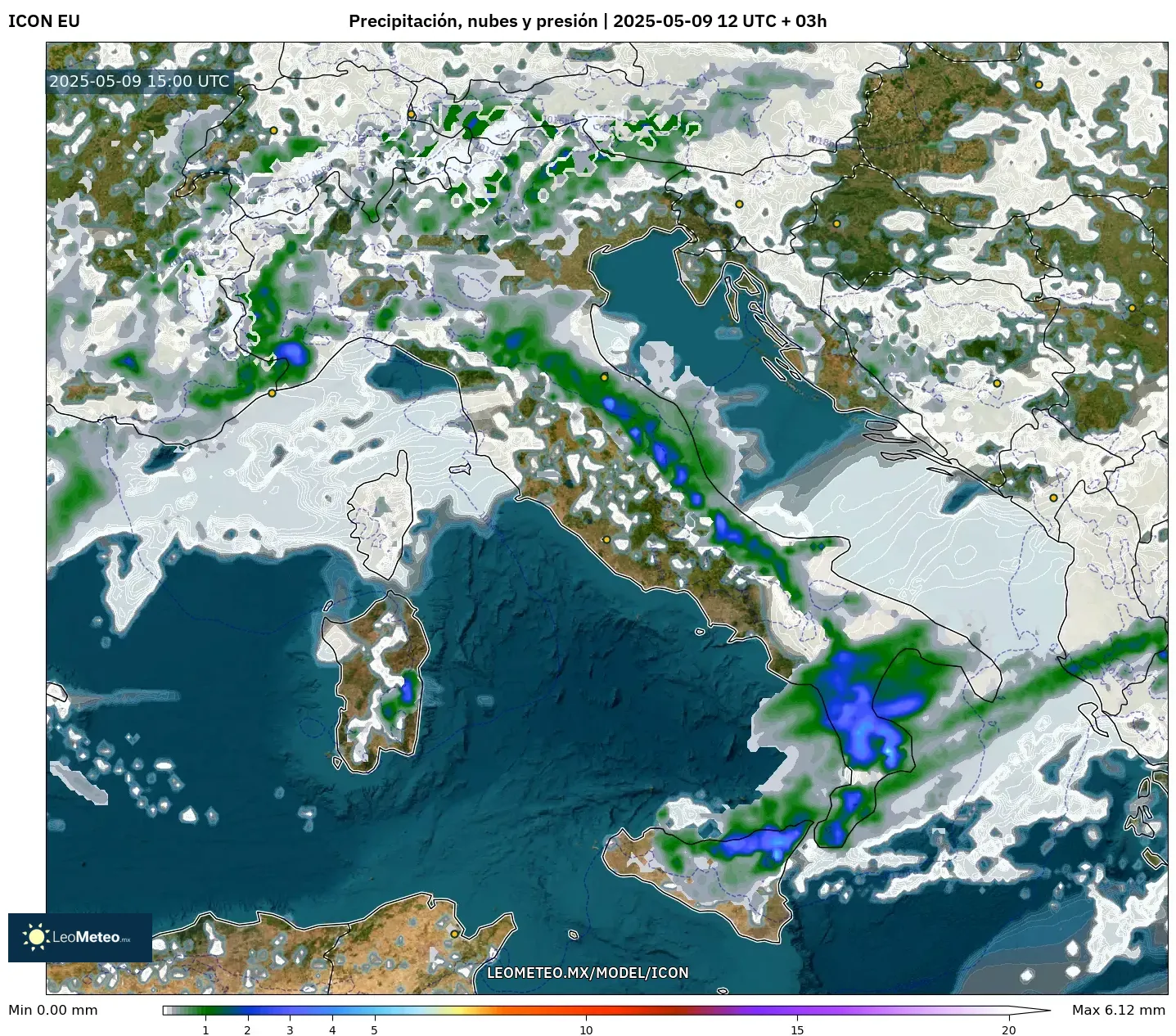 ICON - Italia, Precipitación, nubes y presión ICON - Italia, Precipitación, nubes y presión