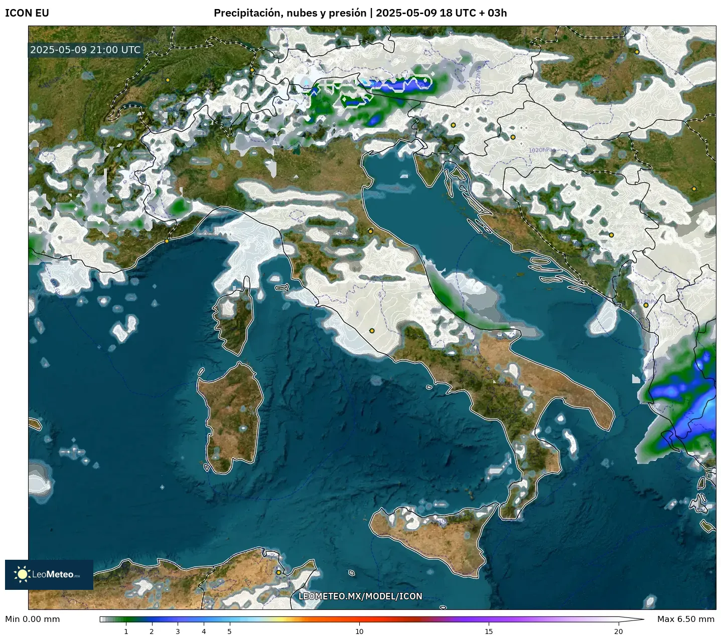 ICON - Italia, Precipitación, nubes y presión ICON - Italia, Precipitación, nubes y presión