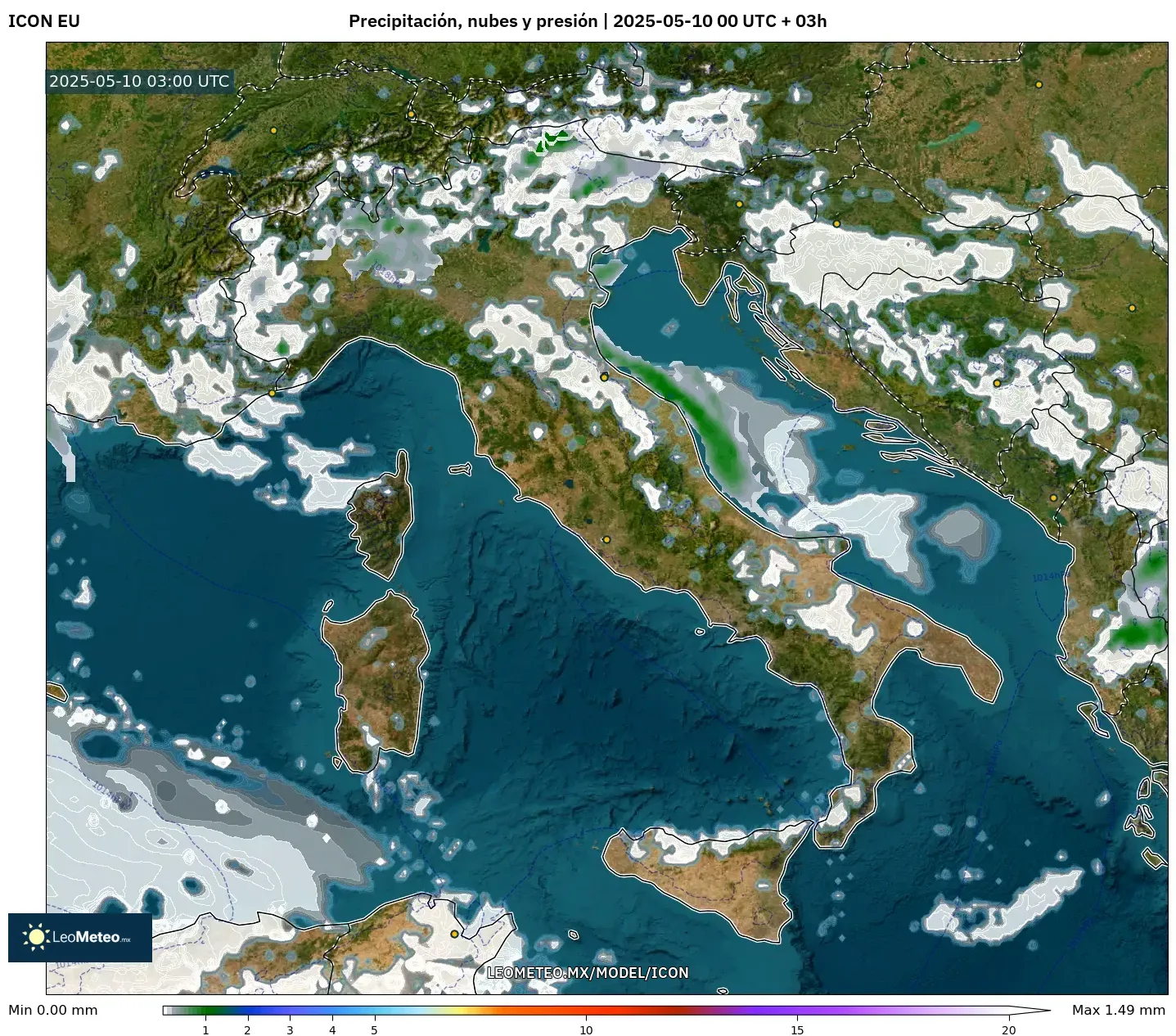 ICON - Italia, Precipitación, nubes y presión ICON - Italia, Precipitación, nubes y presión