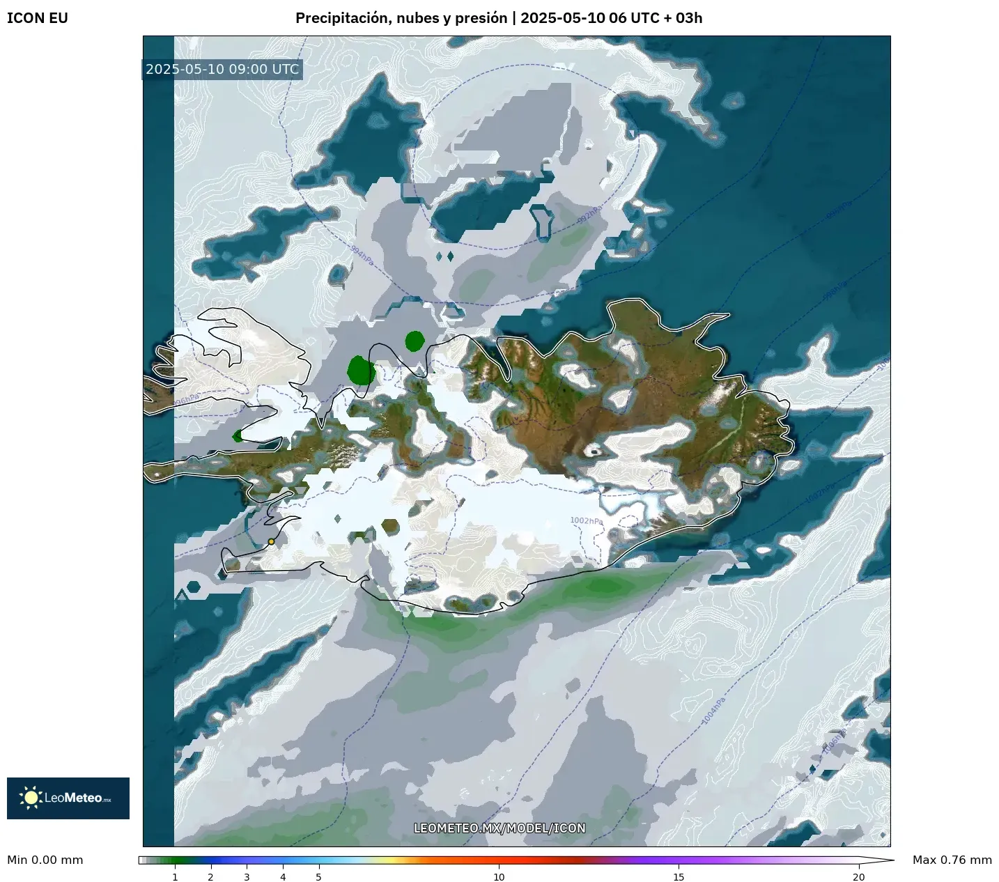 ICON - Islandia, Precipitación, nubes y presión ICON - Islandia, Precipitación, nubes y presión