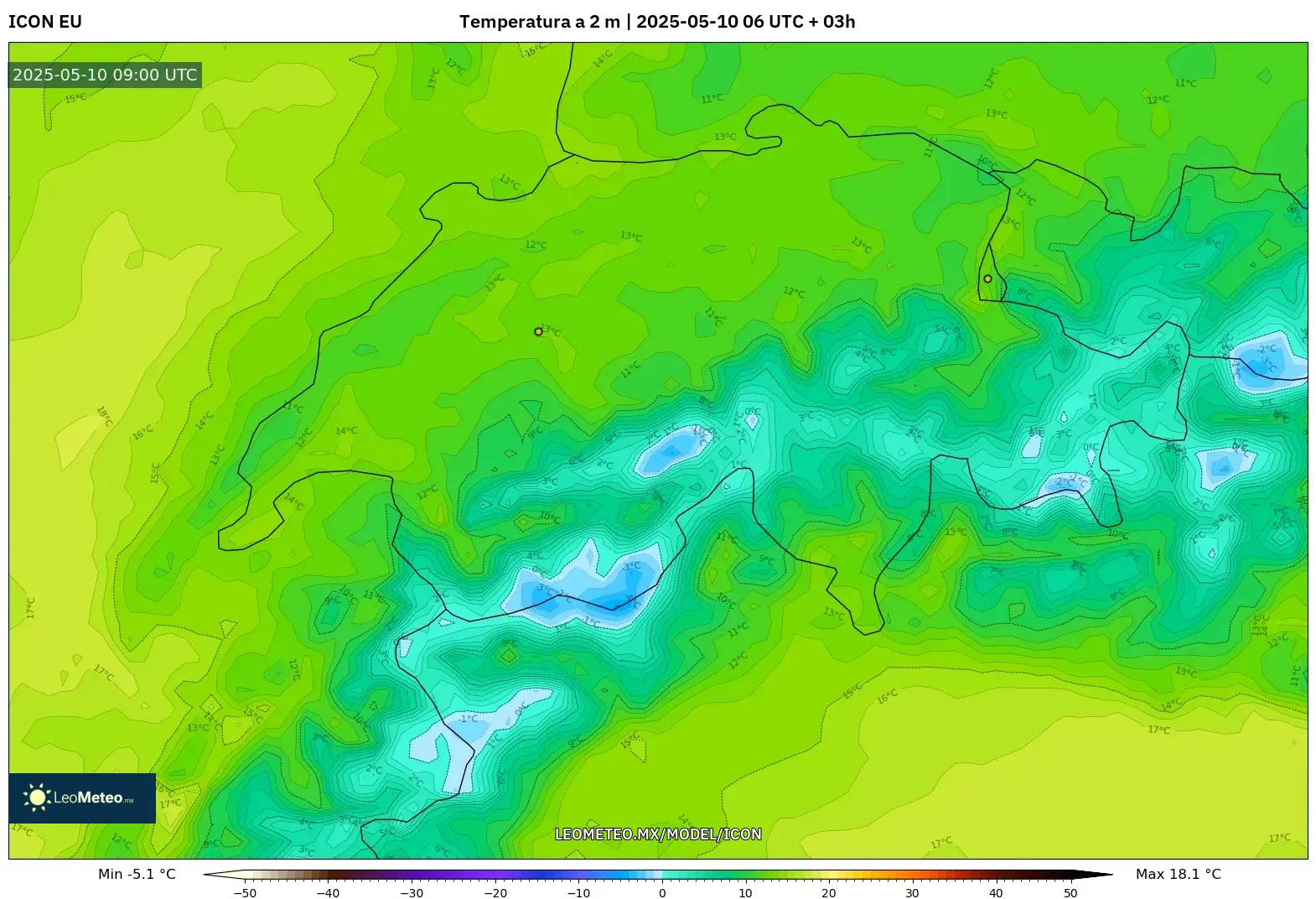 ICON - Suiza, Temperatura a 2 m ICON - Suiza, Temperatura a 2 m