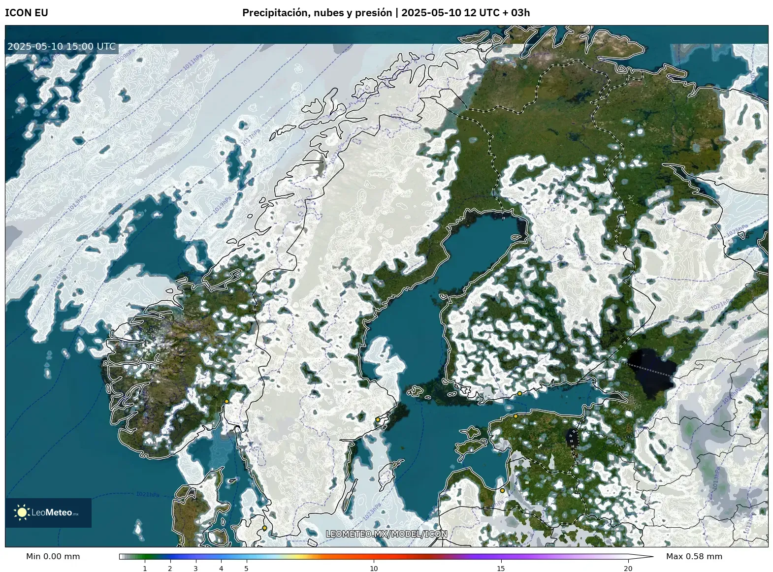ICON - Escandinavia, Precipitación, nubes y presión ICON - Escandinavia, Precipitación, nubes y presión