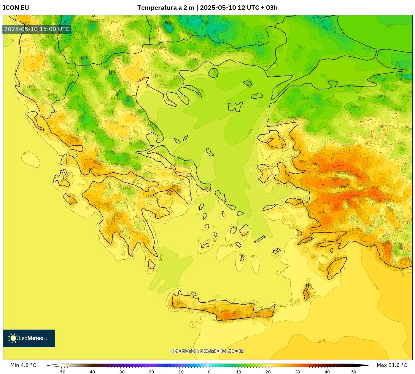 ICON - Grecia, Temperatura a 2 m ICON - Grecia, Temperatura a 2 m