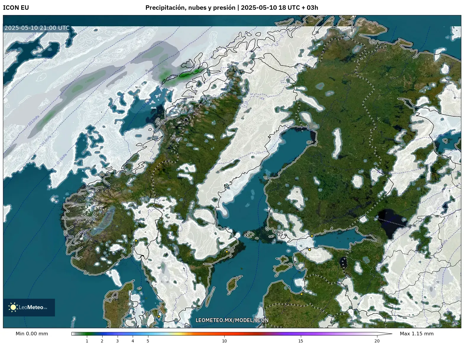 ICON - Escandinavia, Precipitación, nubes y presión ICON - Escandinavia, Precipitación, nubes y presión