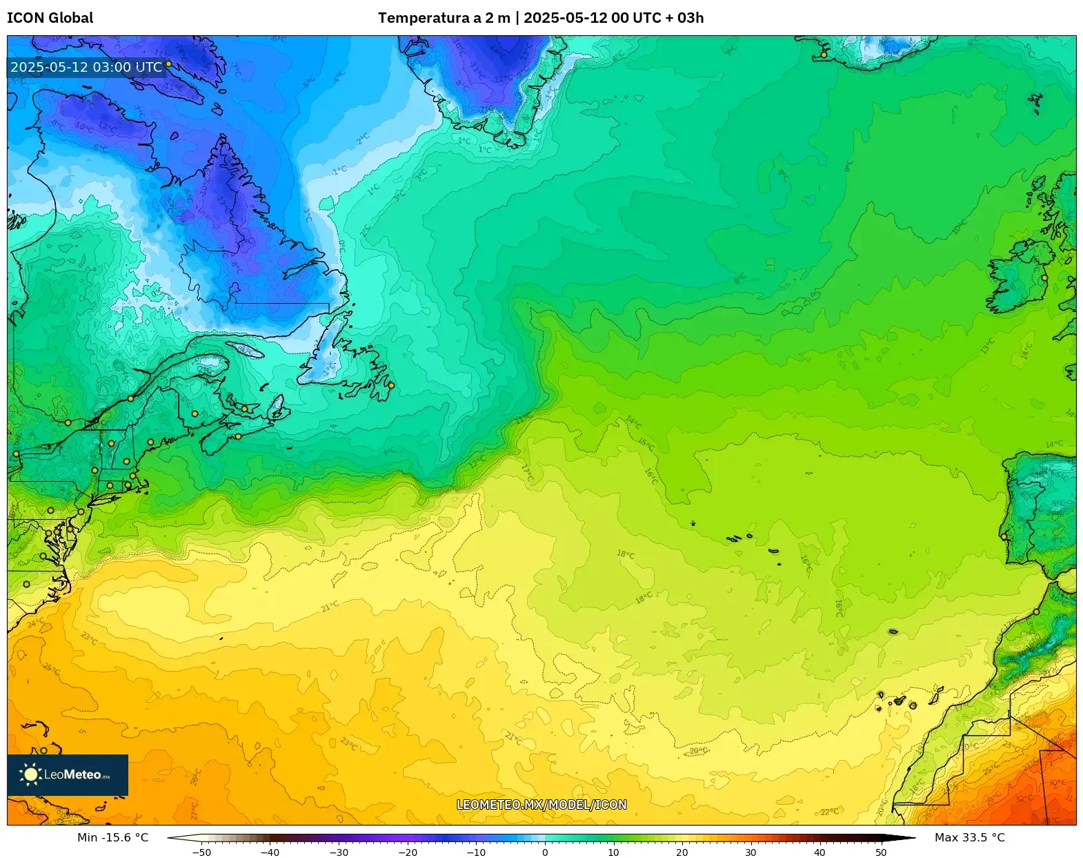 ICON - Norte Atlántico, Temperatura a 2 m ICON - Norte Atlántico, Temperatura a 2 m