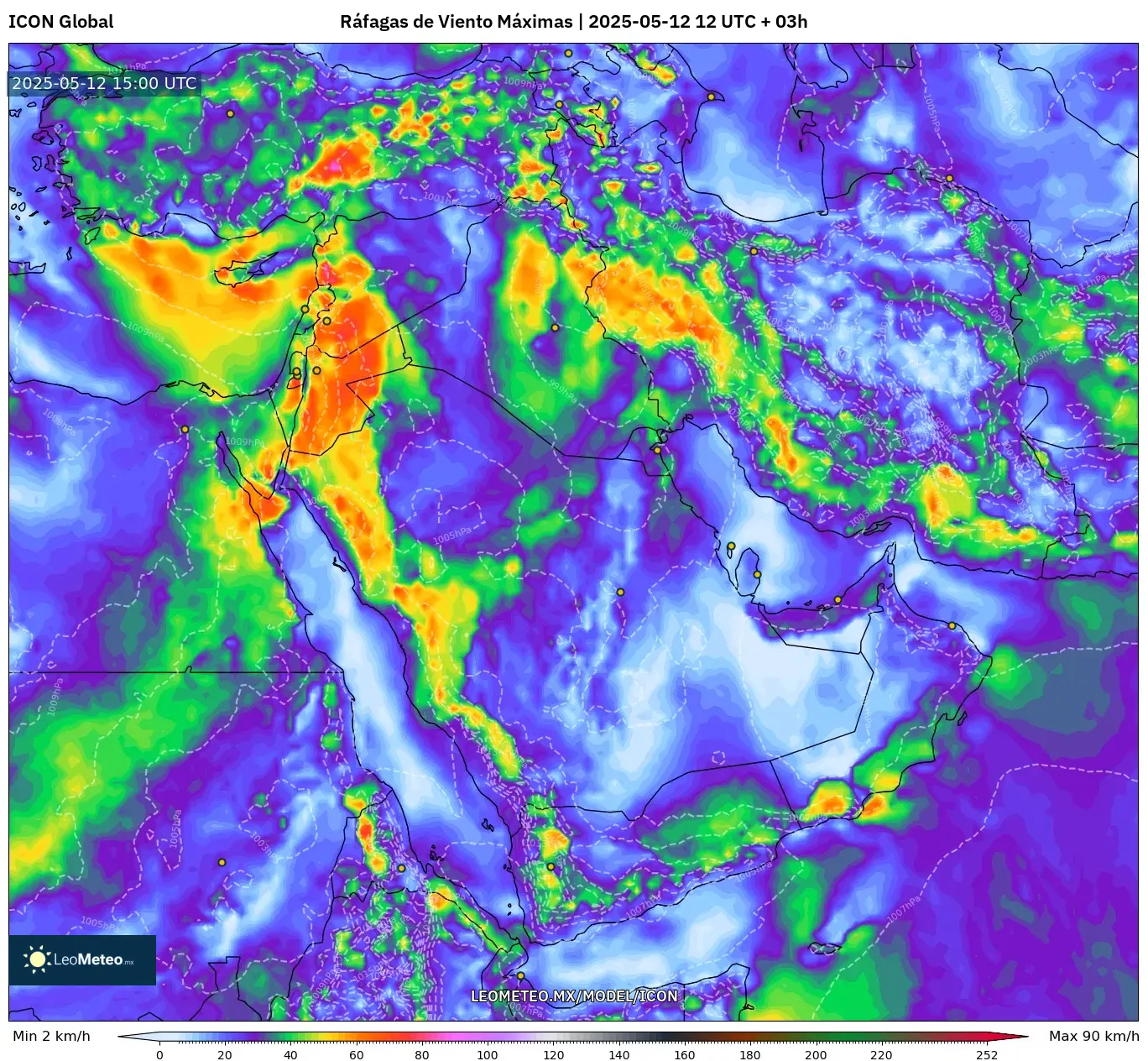 ICON - Oriente Medio, Ráfagas de Viento Máximas ICON - Oriente Medio, Ráfagas de Viento Máximas