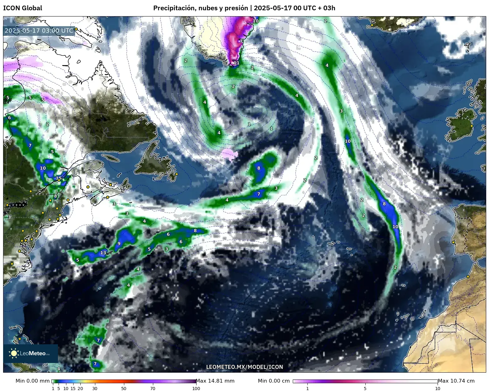 ICON model - Norte Atlántico, Precipitación, nubes y presión ICON model - Norte Atlántico, Precipitación, nubes y presión