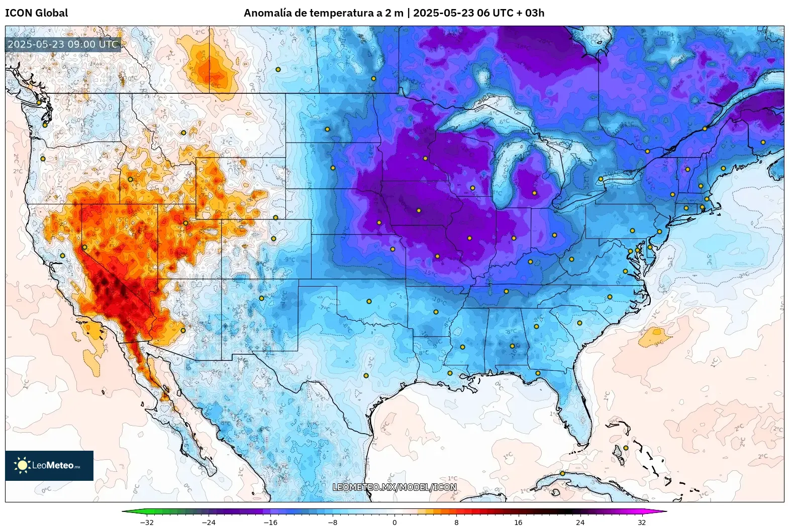 ICON model - Estados Unidos, Anomalía de temperatura a 2 m ICON model - Estados Unidos, Anomalía de temperatura a 2 m