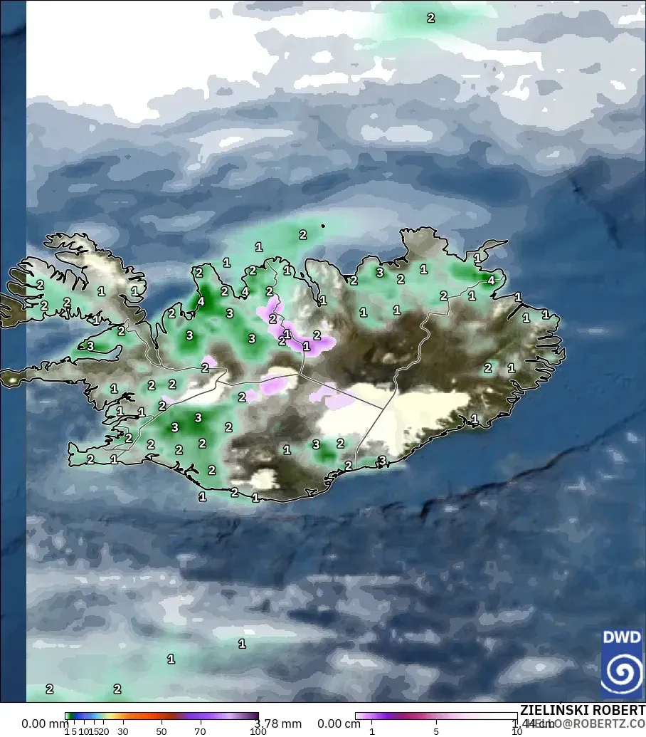 ICON modelo - Islandia, Precipitación, nubes y presión