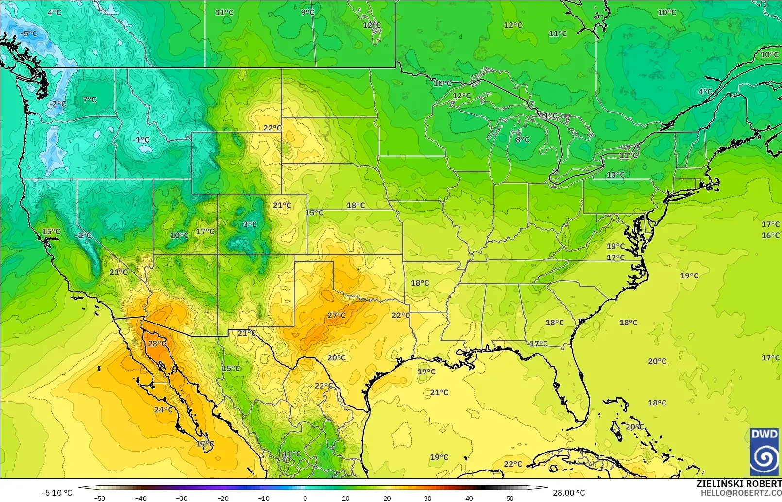 ICON modelo - Estados Unidos, Temperatura a 850 hPa