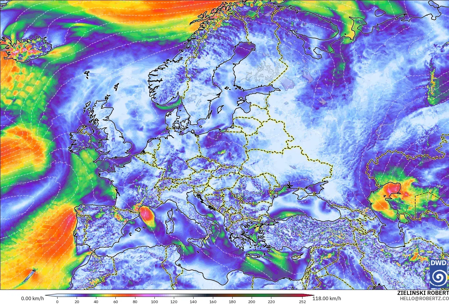 ICON modelo - Europa, Ráfagas de Viento Máximas